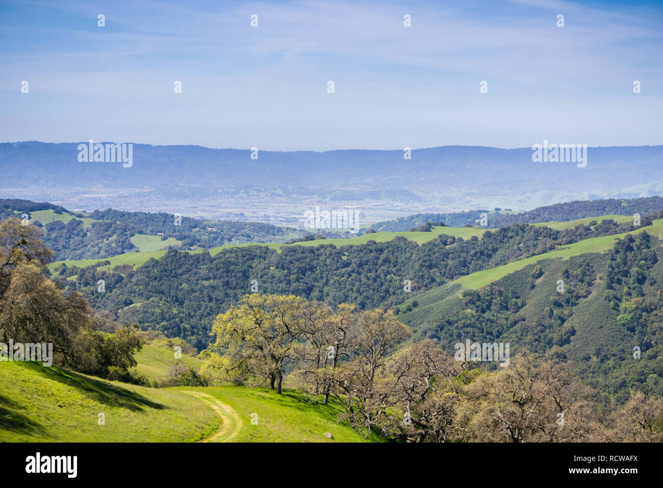 Grüne Hügel und Täler in Henry W. Coe State Park, Blick nach Morgan Hill und San Martin, Kalifornien Stockfoto
