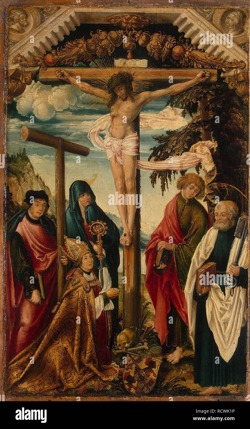 Kreuzigung mit Heiligen und Spender. Museum: Staatliche Eremitage, St. Petersburg. Autor: WERTINGER, Hans, von. Stockfoto