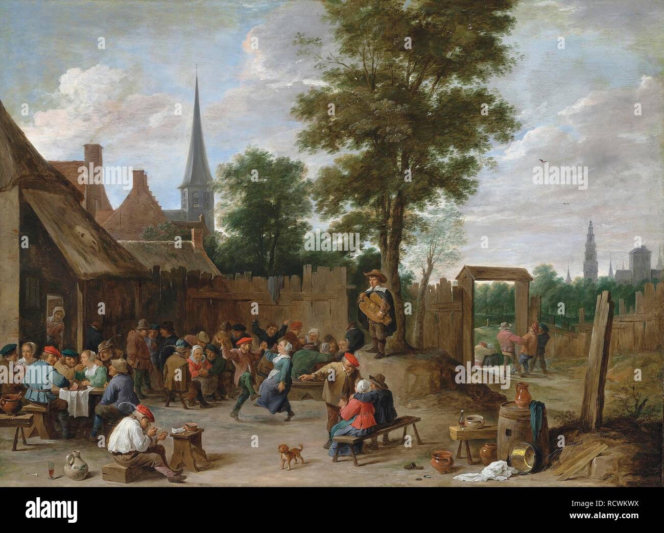 Ein Village Inn mit Bauern tanzen und Spaß an der Musik der Drehleier. Museum: private Sammlung. Autor: Teniers D.J., David. Stockfoto