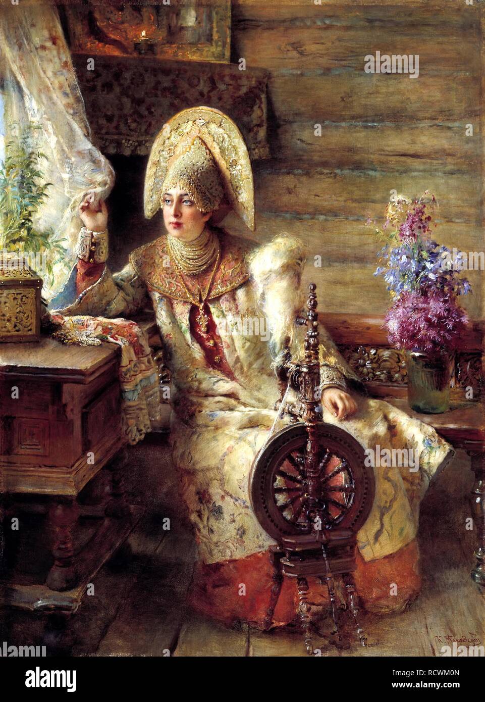 Boyar's Frau am Fenster. Museum: State Art Museum, Nischni Nowgorod. Autor: Makovsky, Konstantin Yegorovich. Stockfoto