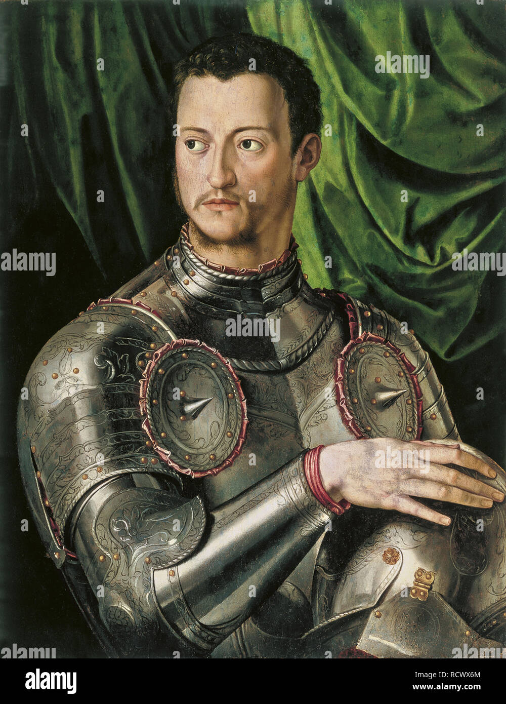 Portrait von Großherzog der Toskana Cosimo I. de' Medici (1519-1574) in der Rüstung. Museum: Museo Thyssen-Bornemisza Sammlungen. Autor: Bronzino. Stockfoto