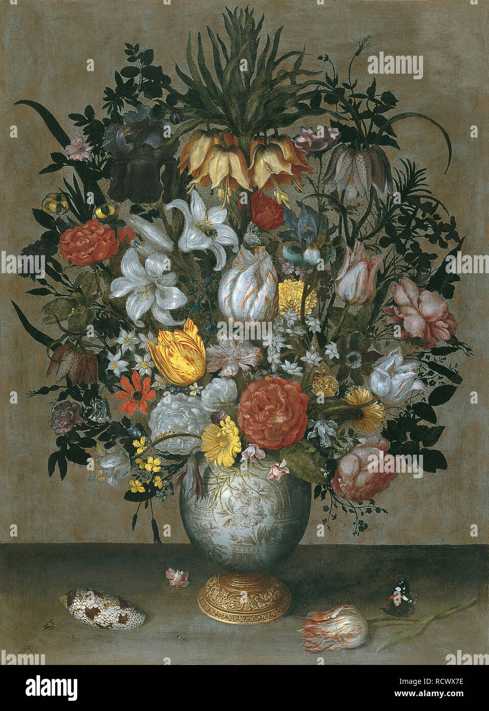 Chinesische Vase mit Blumen, Muscheln und Insekten. Museum: Museo Thyssen-Bornemisza Sammlungen. Autor: Bosschaert, Ambrosius, der Ältere. Stockfoto