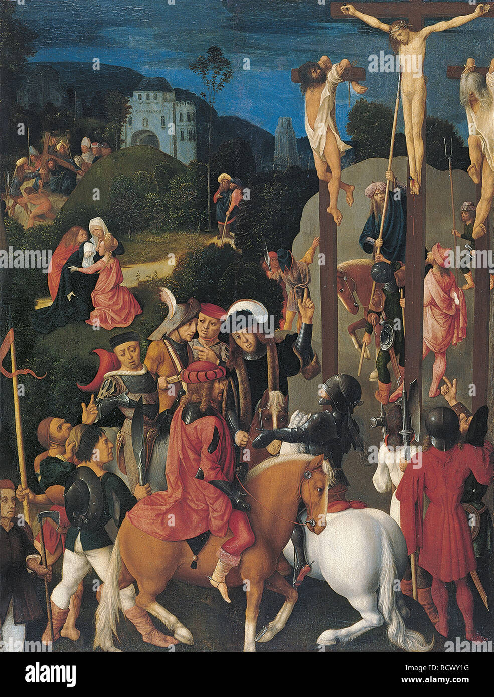 Die Kreuzigung. Museum: Museo Thyssen-Bornemisza Sammlungen. Autor: Meister der Virgo inter Virgines. Stockfoto