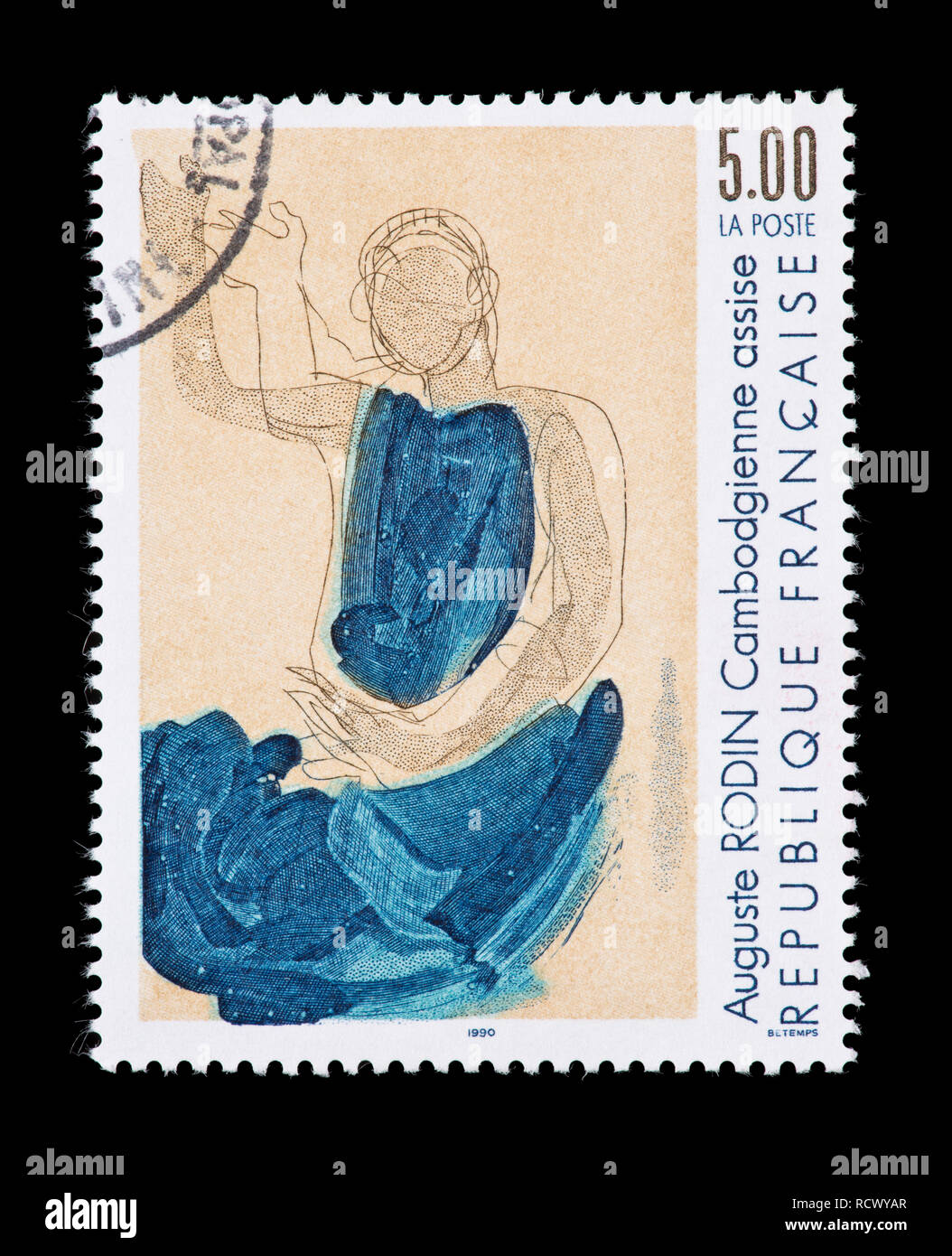 Briefmarke aus Frankreich mit der Darstellung der Auguste Rodin Malerei kambodschanischen Tänzerin Stockfoto