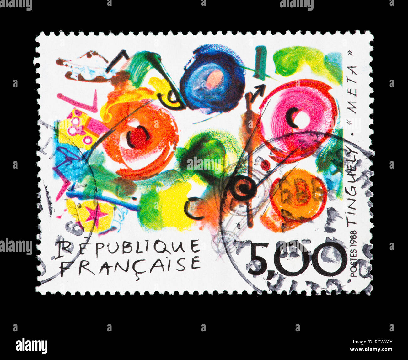Briefmarke aus Frankreich mit der Darstellung der Jean Tinguely Malerei Metamecanique Stockfoto