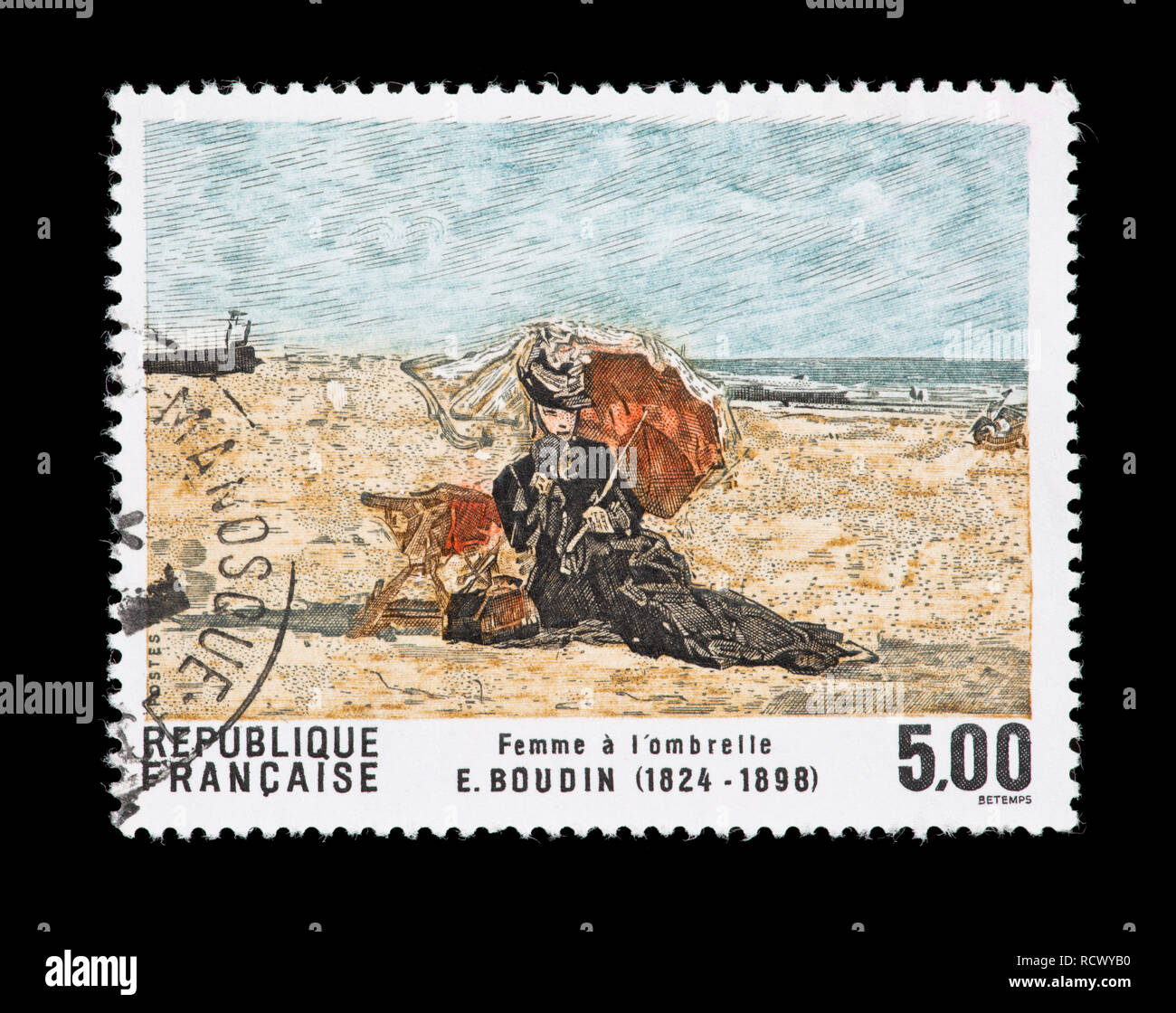 Briefmarke aus Frankreich mit der Darstellung der Eugene Boudin Malerei Frau mit Sonnenschirm Stockfoto