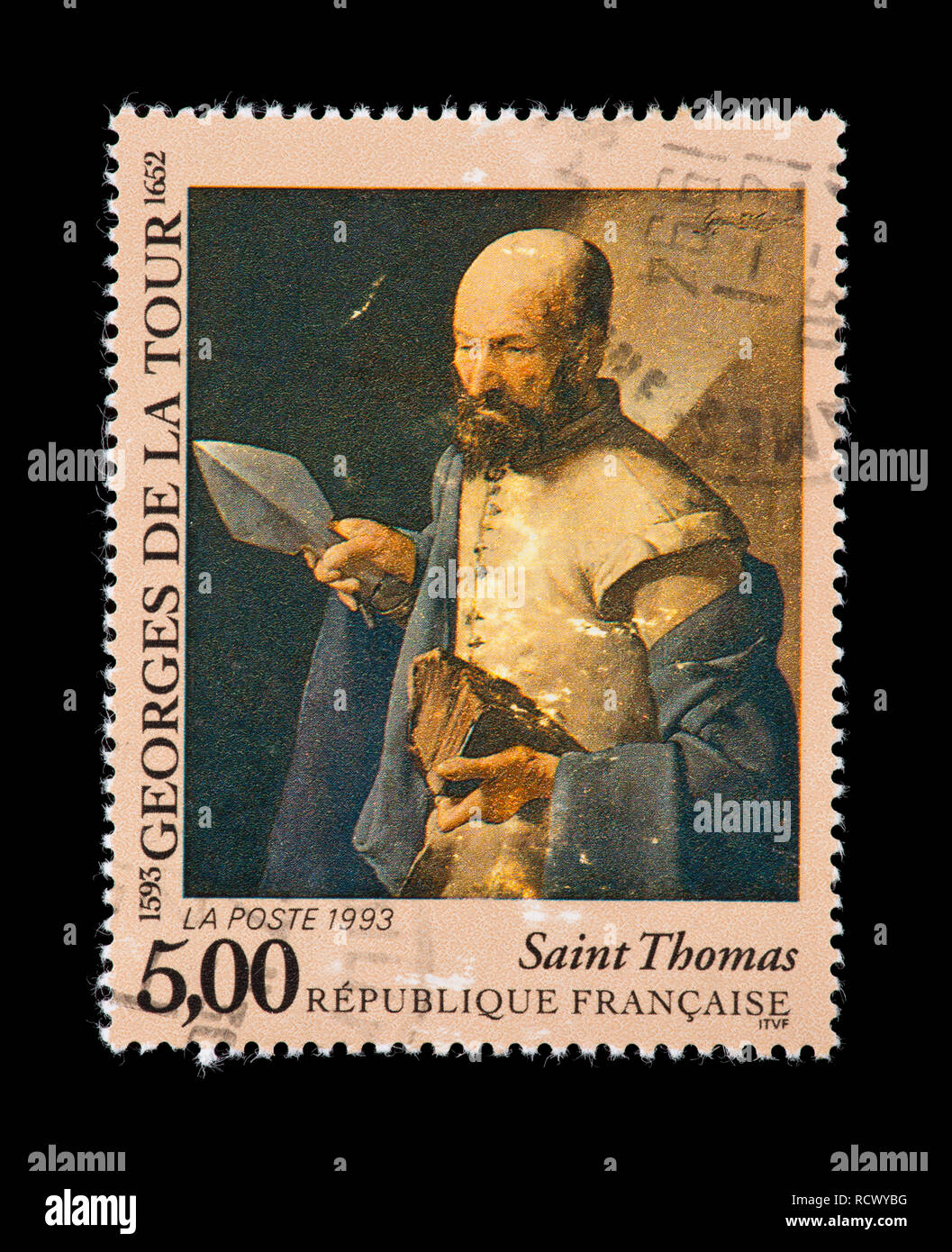 Briefmarke aus Frankreich mit der Darstellung der Georges de La Tour Malerei Saint Thomas. Stockfoto