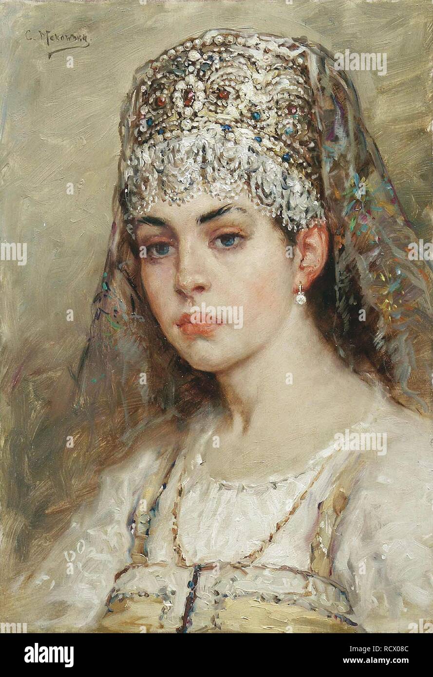 Boyar, der Frau. Museum: private Sammlung. Autor: Makovsky, Konstantin Yegorovich. Stockfoto