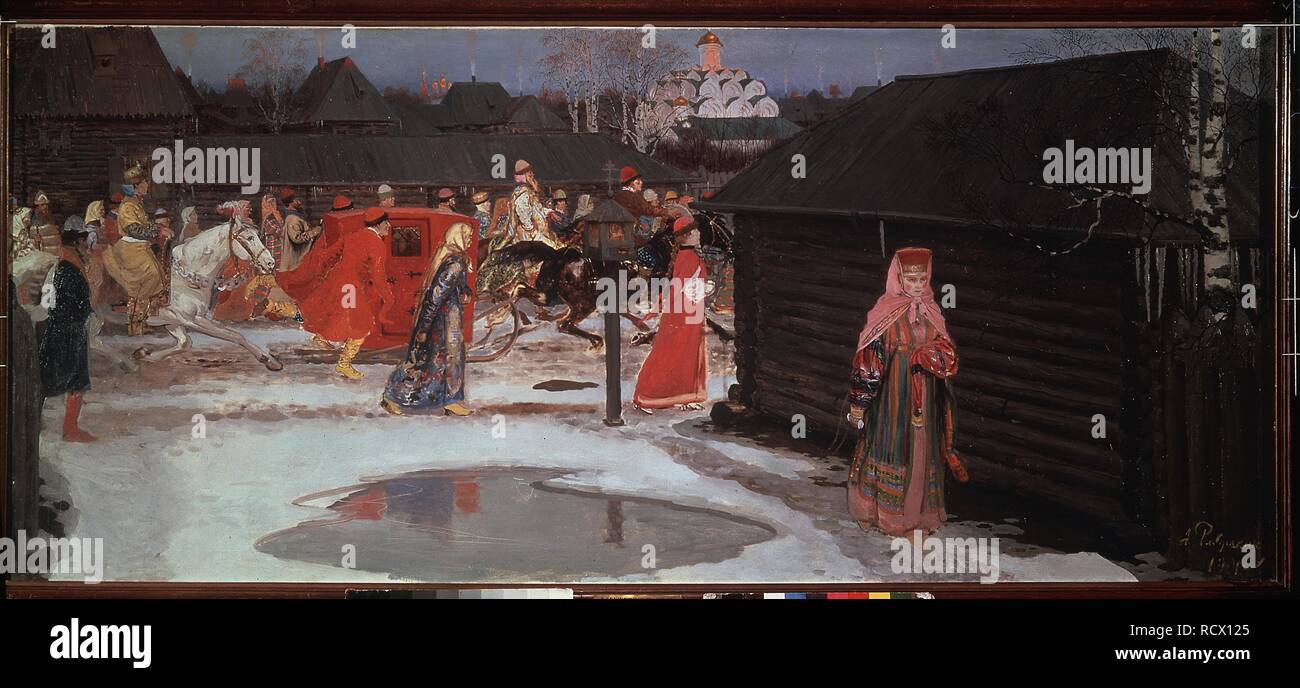 Das 17. Jahrhundert Hochzeitszug in Moskau. Museum: Staatliche Tretjakow-Galerie, Moskau. Autor: Ryabushkin, Andrei Petrowitsch. Stockfoto