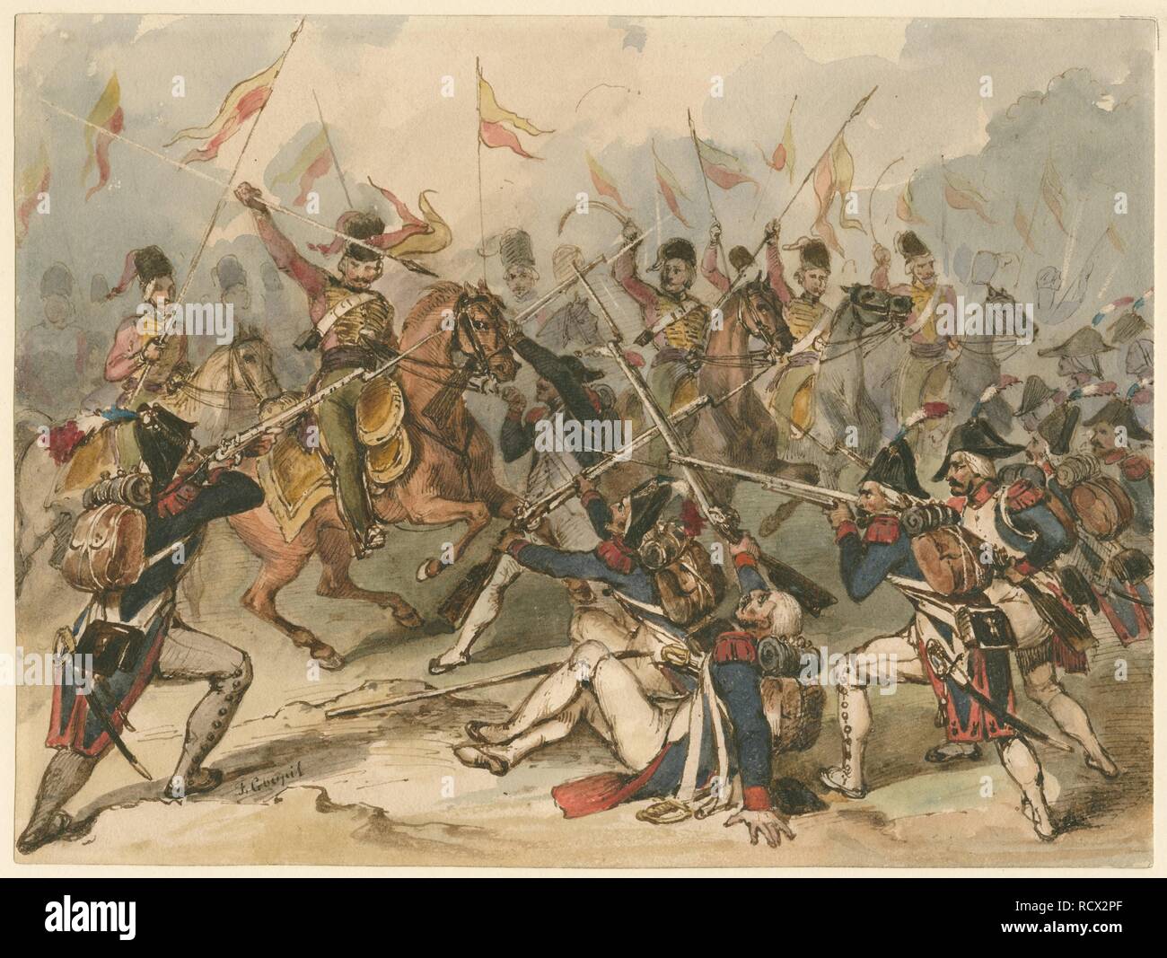 Französische Infanterie und Russische Husaren in der Schlacht bei Austerlitz. Museum: private Sammlung. Autor: Goupil-Fesquet, Frédéric. Stockfoto