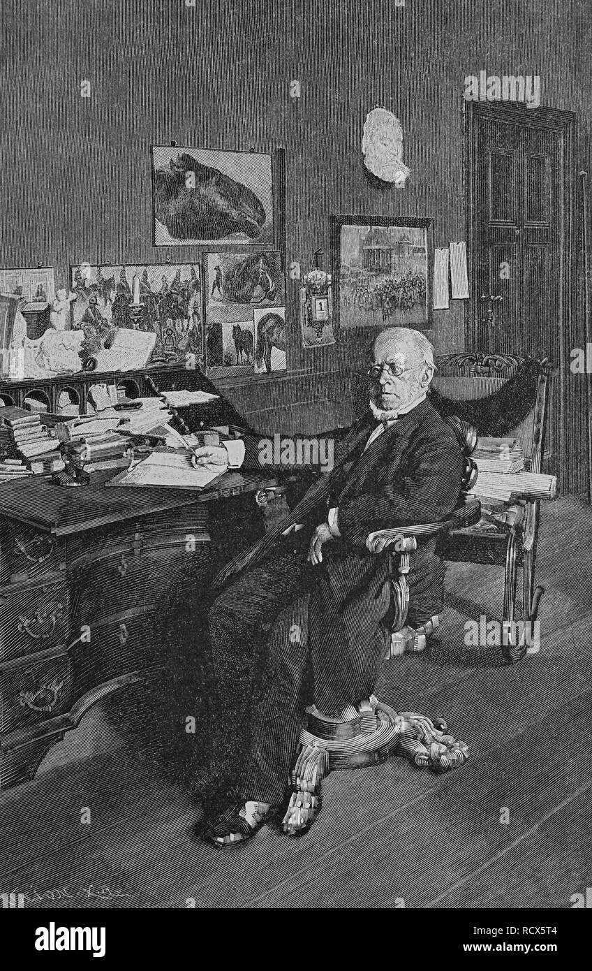 Adolph von Menzel sitzt an seinem Schreibtisch, 1815-1905, Maler, Zeichner und Illustrator, Gravur Holzschnitt, 1888, historische Stockfoto
