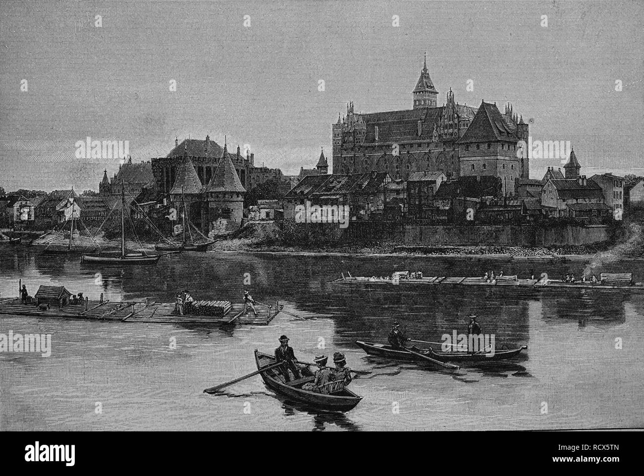 Marienburg, ehemalige Burg des Deutschen Ordens auf dem Fluß Nogat, jetzt Polen, Holzschnitt, 1888, historischer Stich Stockfoto
