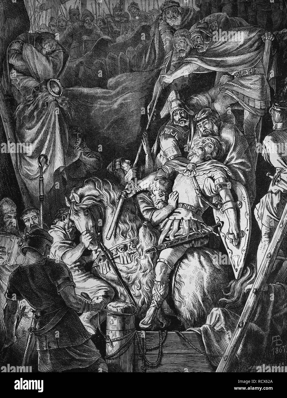 Beerdigung von ALARIC I, 370-410, König der Westgoten und der ersten germanischen Herrscher, in den Fluss Busento, Italien, Holzstich Stockfoto