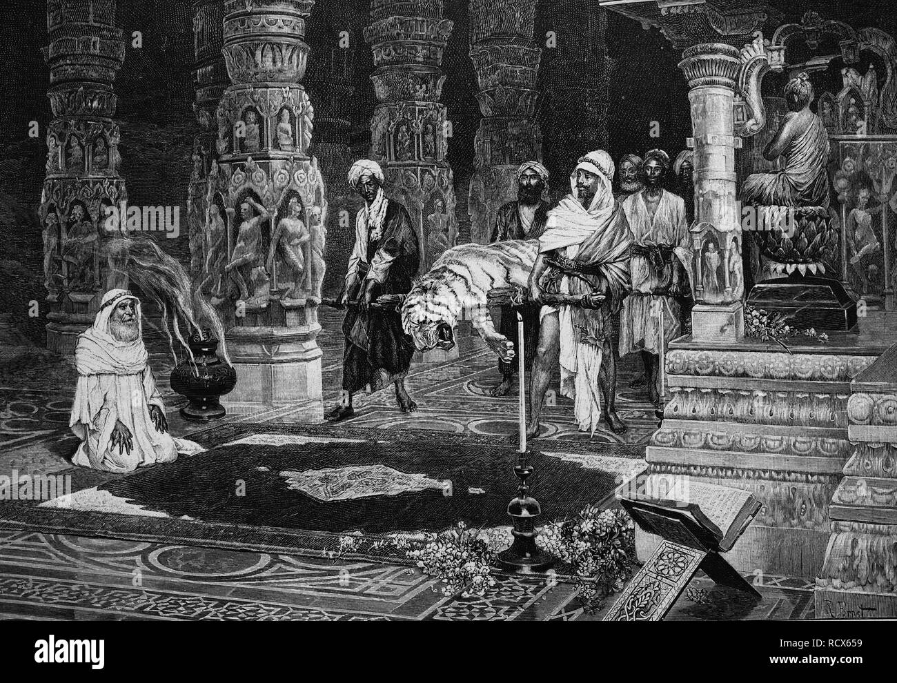 Tiger wird geopfert, Tier bietet, Indien, Holzstich, 1880 Stockfoto