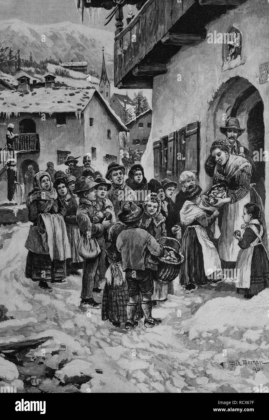 Kinder singen am Neujahrstag, Tirol, Holz Gravieren, um 1880 Stockfoto