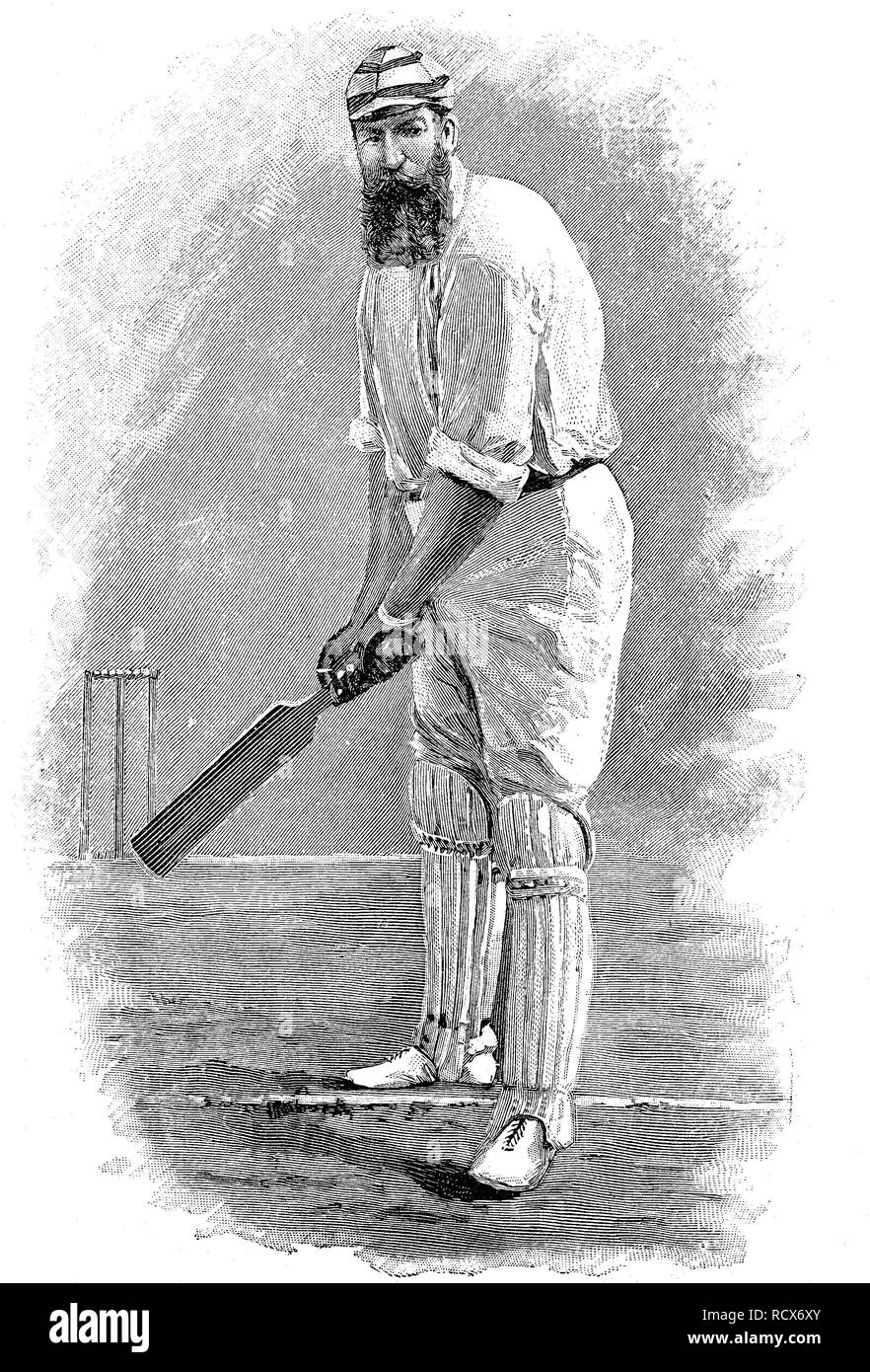 Mann am Anschlag, Englisch Cricket Spieler, der Mensch in der typischen Kleidung und Spiel Haltung, C. 1870, England Stockfoto