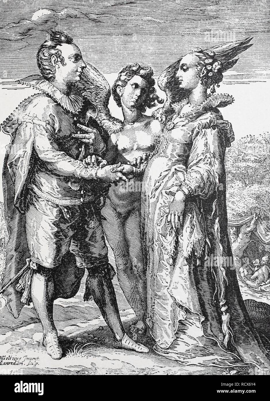 Mann, Frau und Engel der Liebe, symbolische Darstellung der Ehe für die Liebe, 1880, Frankreich Stockfoto