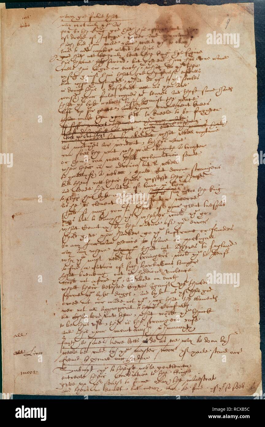 Tag der Szene. Booke von Sir Thomas Moore. London; zwischen 1593-1601. (Ganze folio) Erste Seite des 'May Tag Szene", in der Regel zu Shakespeare, vom Playhouse zu kopieren, oder "Booke' von Sir Thomas More, Teil einer gemeinsamen Revision eines frühen Drama tracing Mehr Karriere zugeschrieben. Diese unvollständige Abschrift, kopiert, meist in der Hand von Anthony Munday, mit Ergänzungen und Revisionen von fünf anderen Dramatiker, wurde für eine Lizenz zu Edmund Tillney, Meister des Schwelgt vorgelegt. Bild von BOOKE von Sir Thomas Moore. Ursprünglich veröffentlicht in London hergestellt; zwischen 1593-1601. . Quelle Stockfoto