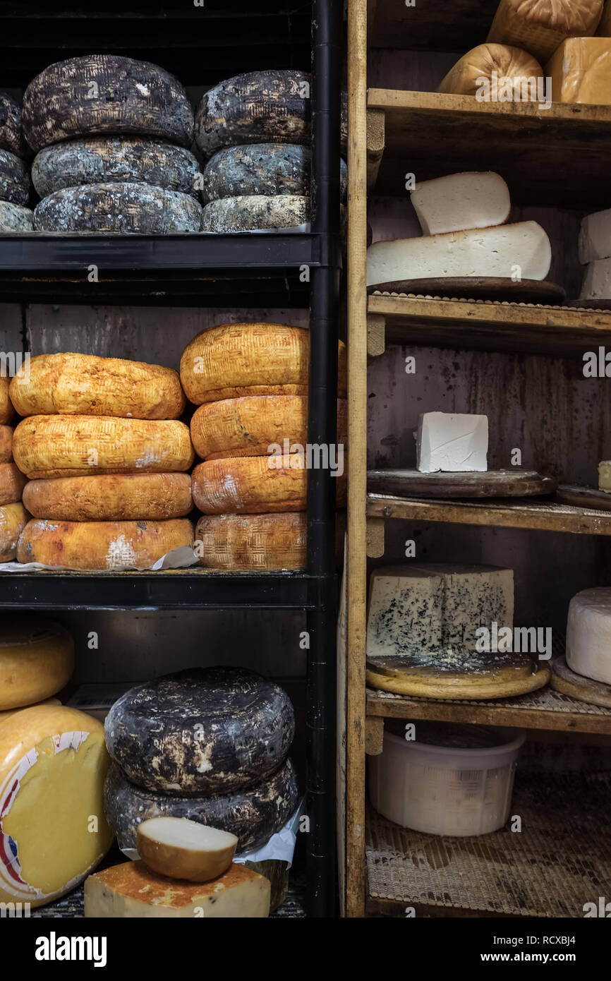 Verschiedene Arten von Ziegenkäse auf Regalen in Keller in eine Käserei in Israel. Stockfoto