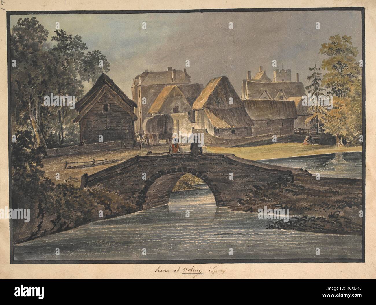 Zwei Figuren stehen auf einer Brücke über einen Fluss, Häuser im Hintergrund; Bäume in der gesamten Szene. Szene in Woking, Surrey. zwischen 1800-1810. Aquarell. Quelle: Karten K. Top.41.30.2. Sprache: Englisch. Stockfoto