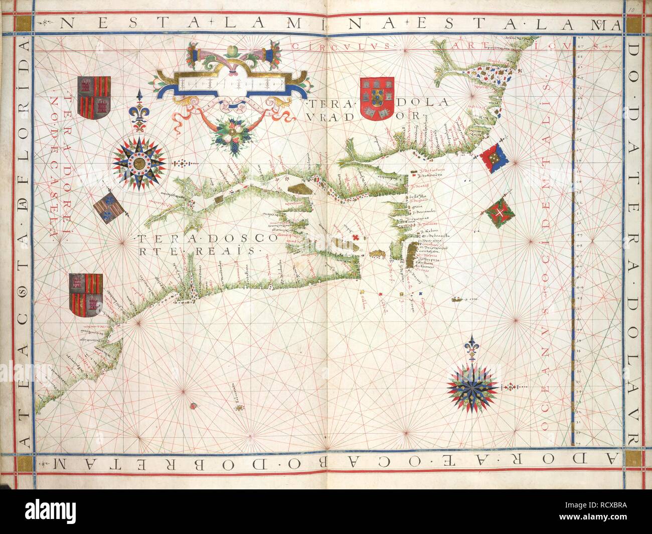 An der Ostküste von Nordamerika. Universalis Orbis Hydrographia. Portugal; 1573. [Horoskop] Diagramm an der Ostküste von Nordamerika, mit dem Golf von St Lawence und Neufundland Bild von Universalis Orbis Hydrographia genommen. Ursprünglich veröffentlicht in Portugal produziert; 1573. . Quelle: Hinzufügen. 31317, ff9v-10. Sprache: Portugiesisch. Stockfoto