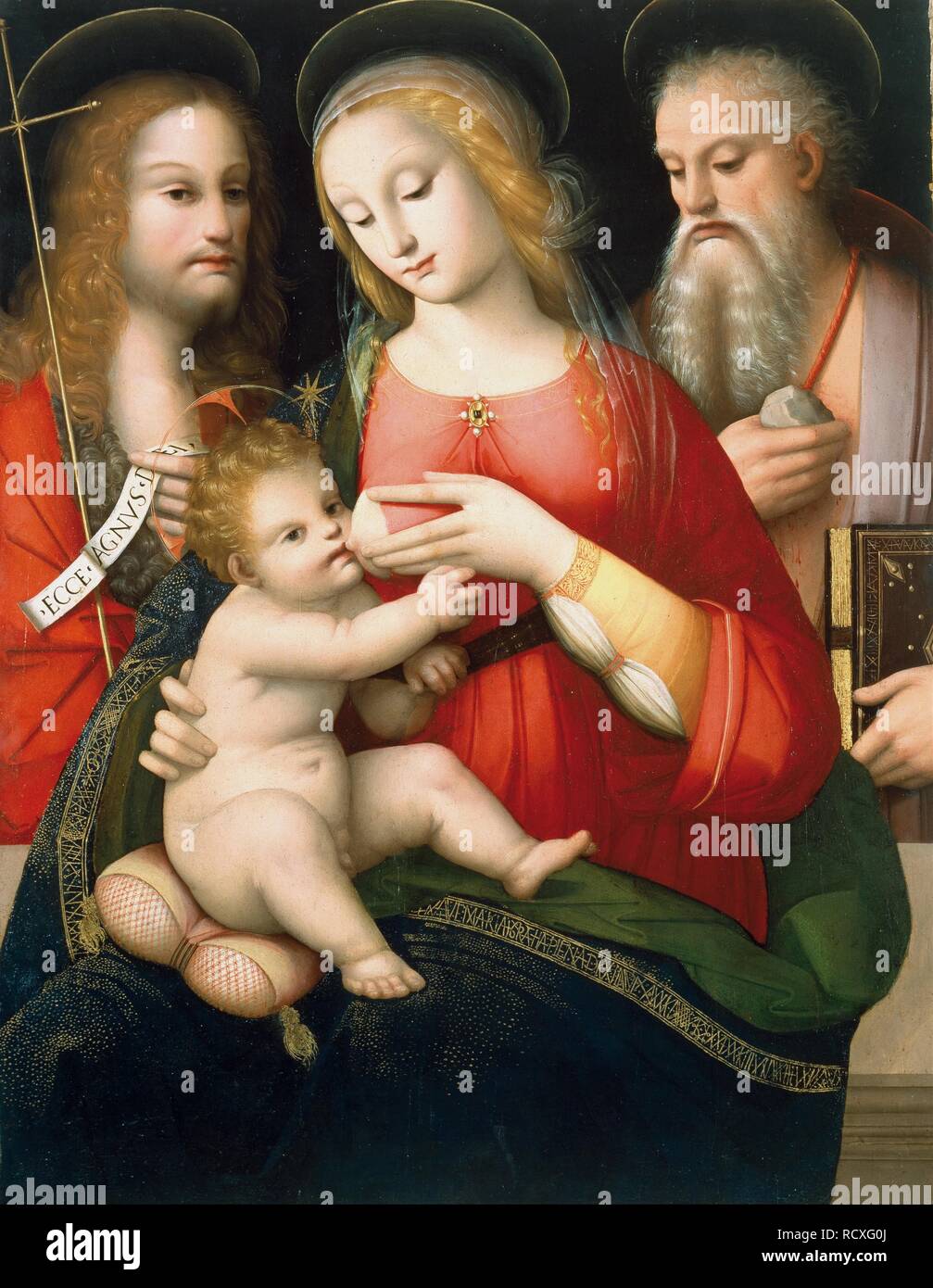 Madonna mit Kind und den Heiligen Johannes der Täufer und Hieronymus. Museum: Museo di arte sacra della Val d'Arbia. Autor: PICCINELLI, ANDREA. Stockfoto