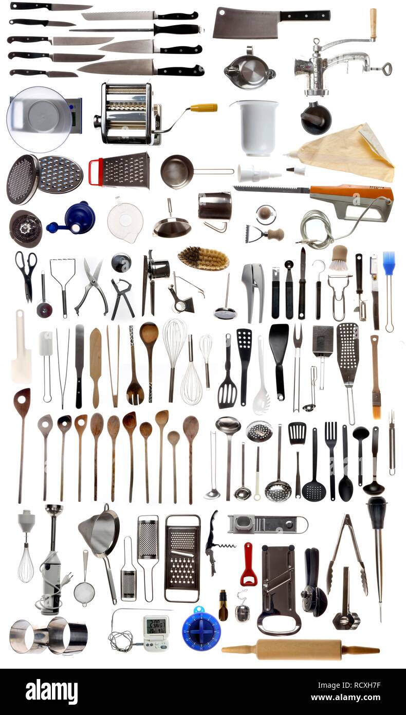 Diverse Küchengeräte, kochen Werkzeuge und Utensilien Stockfoto