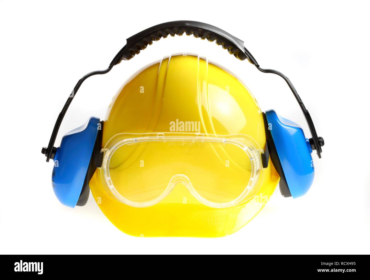 Persönliche Schutzausrüstung, Gehörschutz, Schutzhelm, Schutzbrille Stockfoto