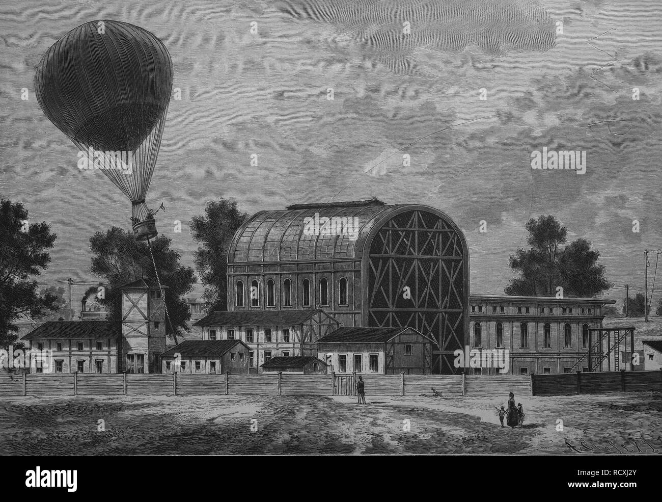 Historische Gravur, Gebäude des Luftschiffs Abteilung am Tempelhofer Feld in Berlin, Deutschland, 1888 Stockfoto