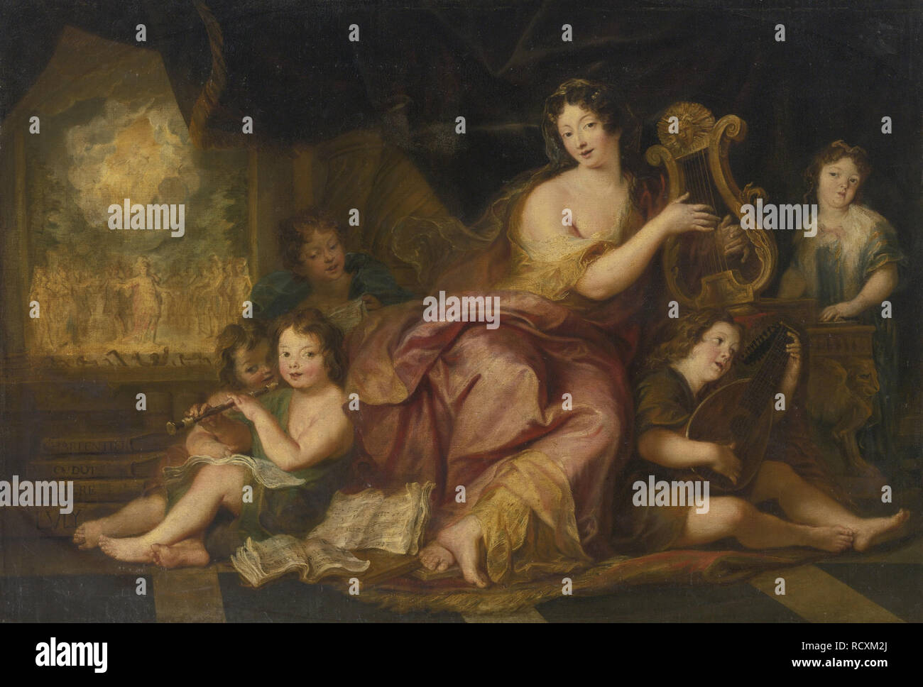 Allegorie der Musik. Porträt der Madame de Maintenon (1635-1719), mit dem natürlichen Kinder von Louis XIV. Museum: private Sammlung. Autor: COYPEL, Antoine. Stockfoto