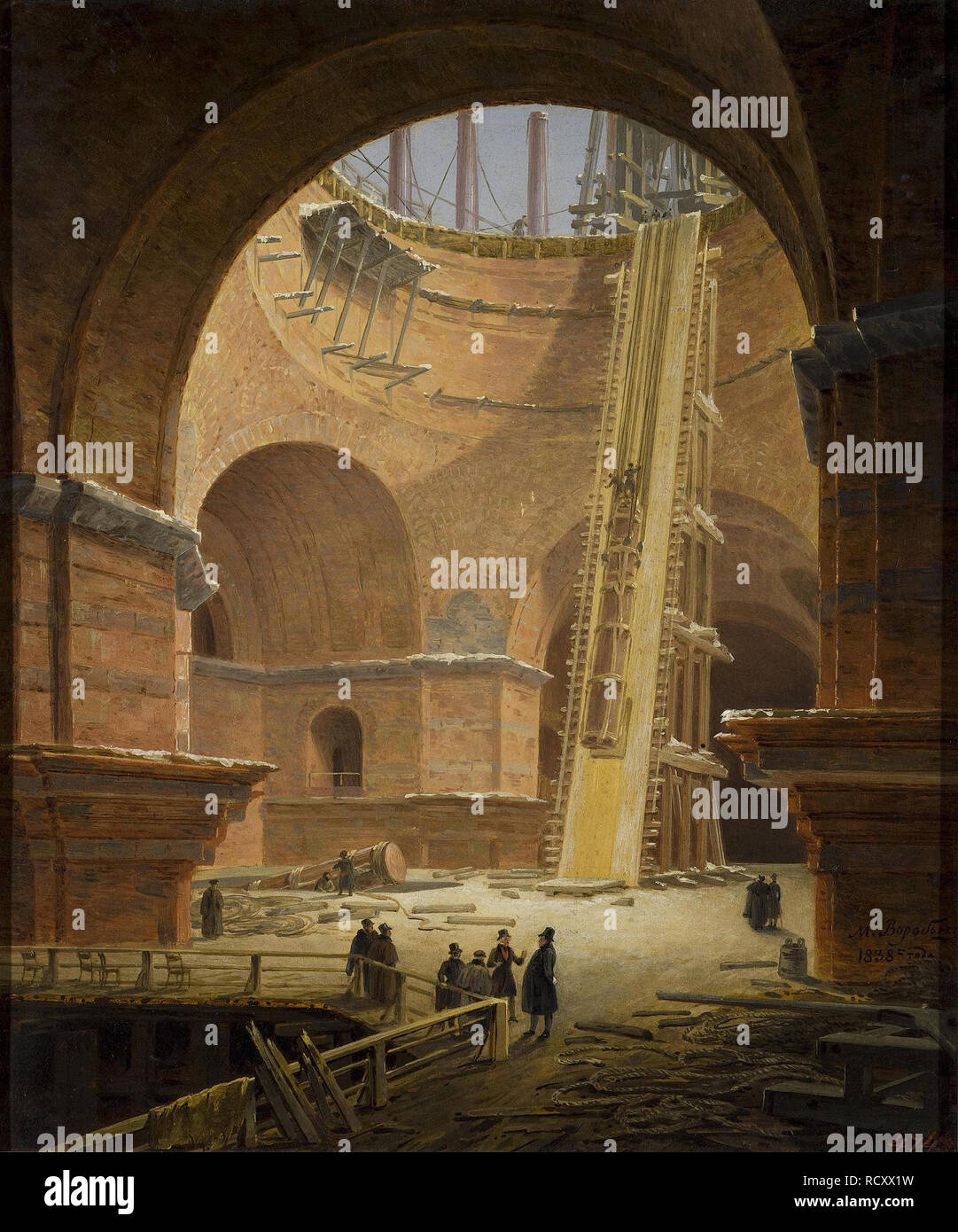 Anheben der Spalten in der St. Isaak Kathedrale. Museum: Staatliche Eremitage, St. Petersburg. Autor: Vorobyev, Maxim Nikiphorovich. Stockfoto