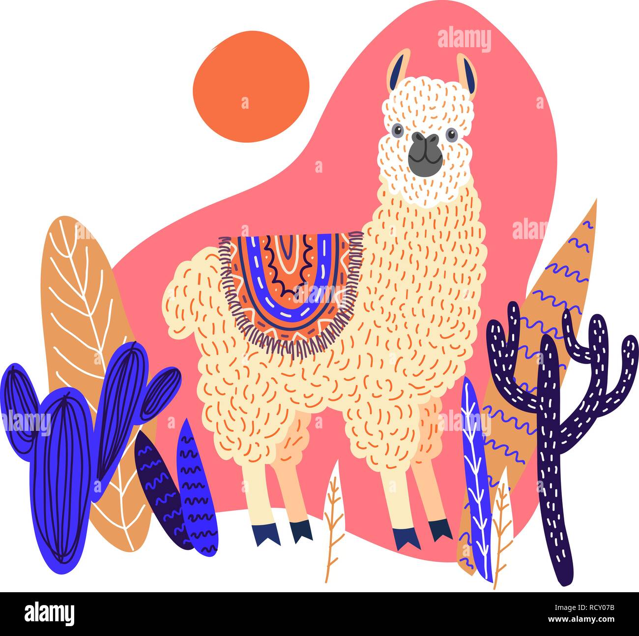 Cute llama mit Blättern und Kakteen, für Karte und ihr Design vorlage. Handzeichnung Flachbild doodles Vektor Stock Vektor