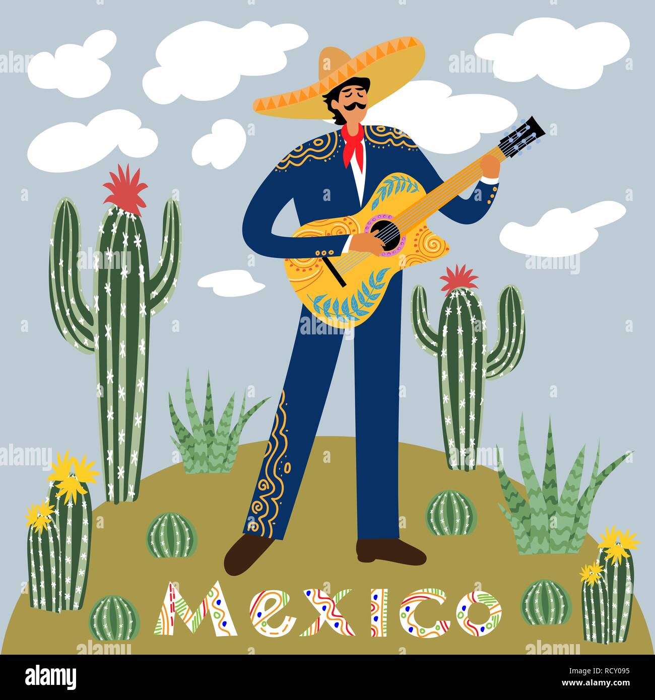 Flache Karikatur eines mexikanischen Mann spielt Gitarre im Sombrero gegen den Himmel mit Wolken umgeben von Kakteen und Sukkulenten Stock Vektor