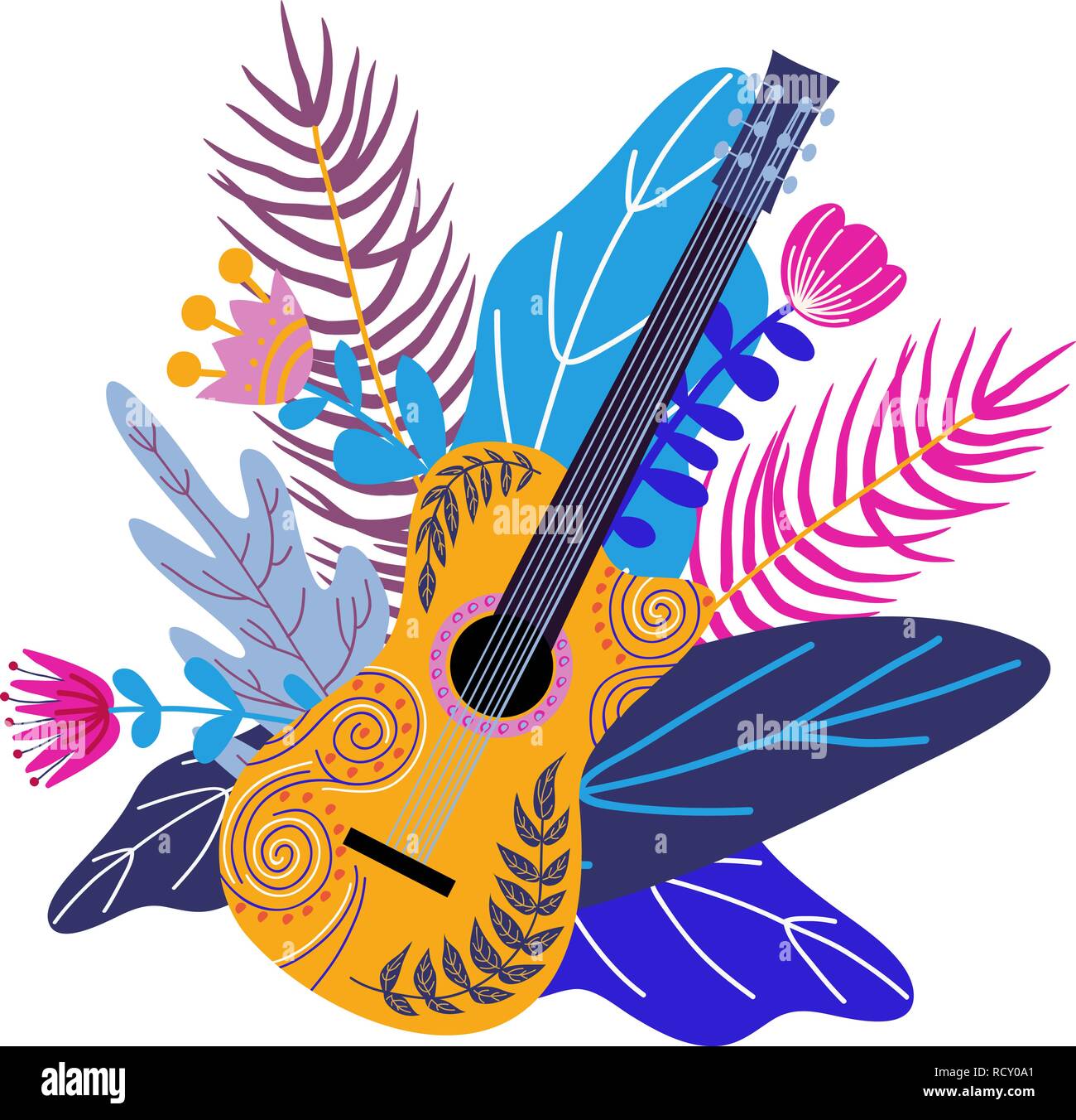 Isolierte Gitarre und hellen tropischen Blättern auf weißem Hintergrund. Handzeichnung Flachbild doodles Vektor Stock Vektor Isolierte Gitarre und hellen tropischen Blättern auf weißem Hintergrund. Handzeichnung Flachbild doodles Vektor Stock Vektor