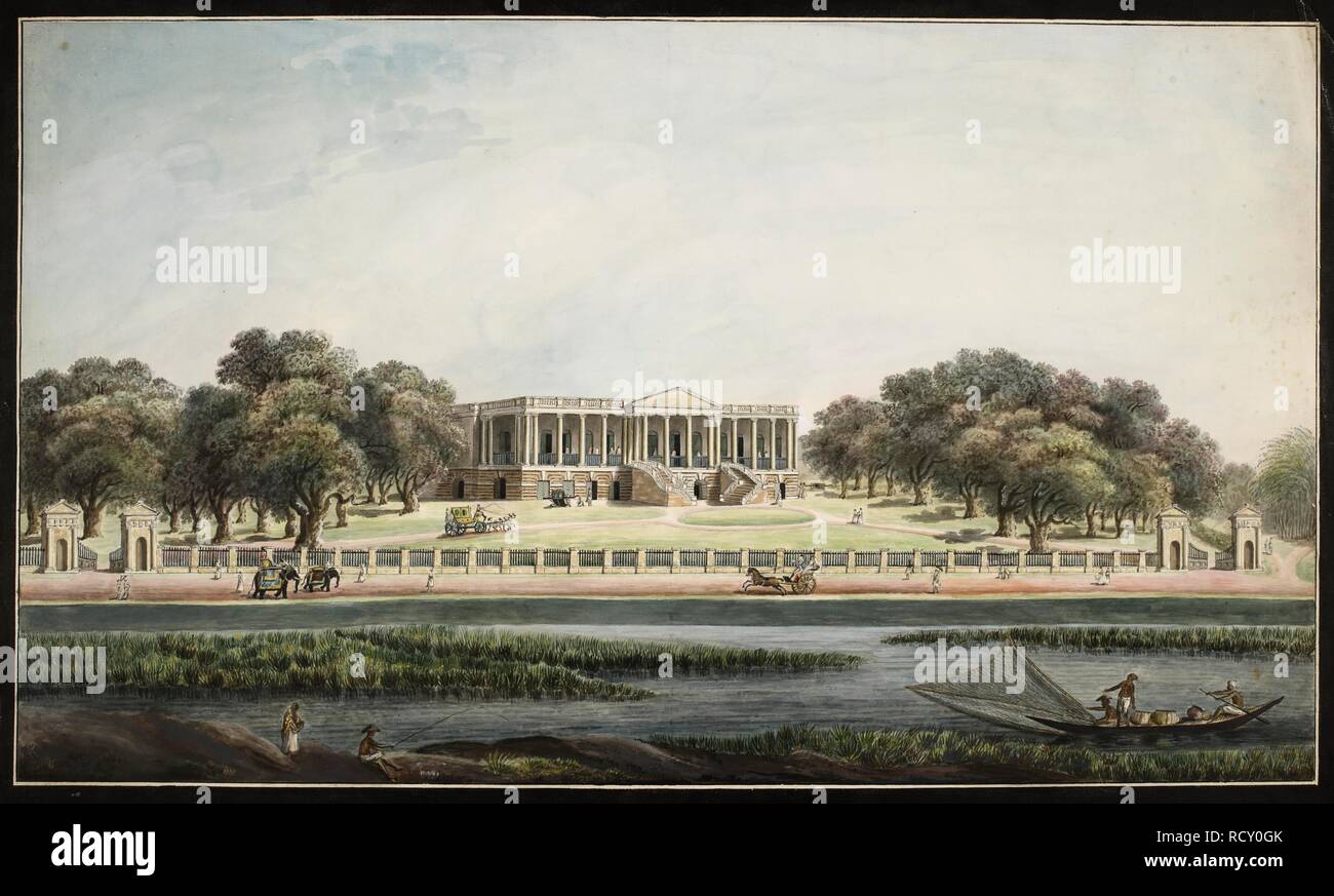 Afzalbagh Haus in der Nähe von Murshidabad, früher die Residenz von Sir John Hadley D'Oyly. Ein Haus mit einem von Säulen getragenen Veranda. 1790-1800. Aquarell. Quelle: Hinzufügen. Oder. 3198. Autor: Anon. Stockfoto