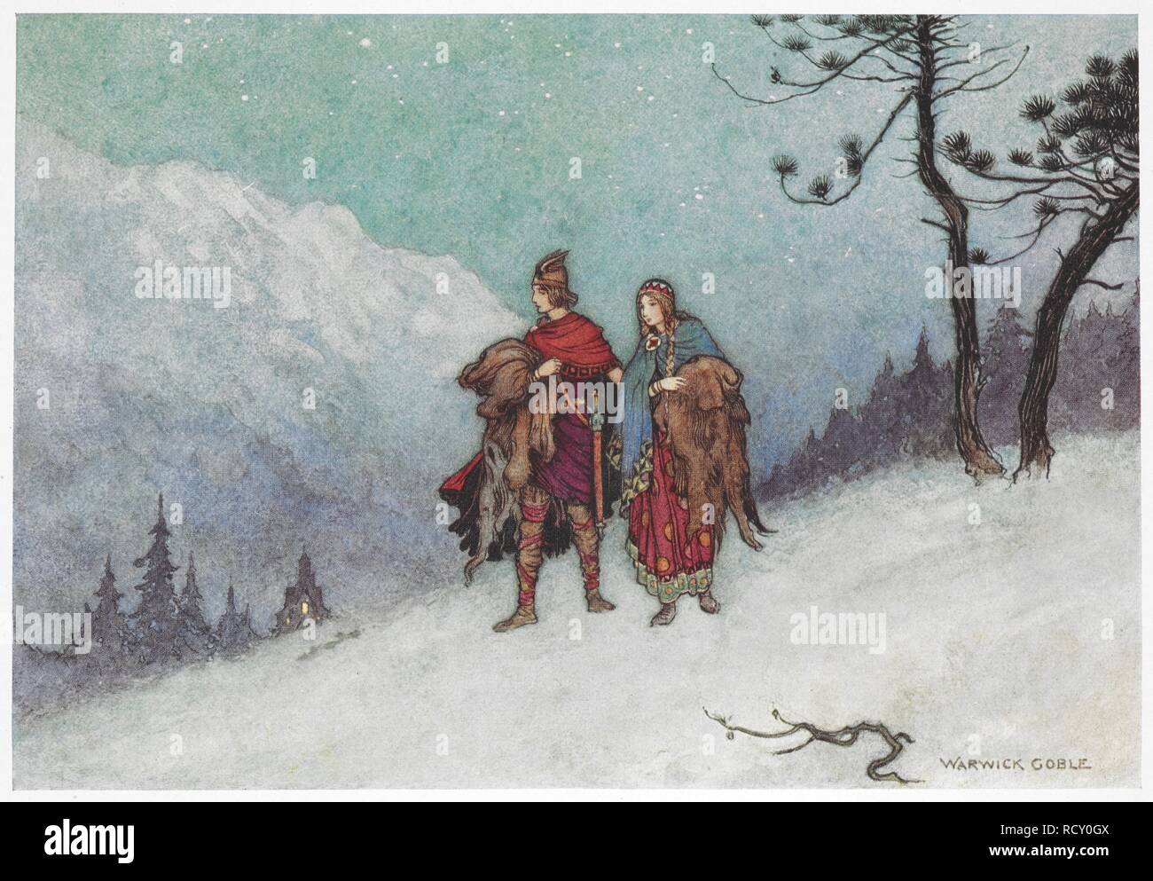 "Nachts, wenn alle Schlafen, führte er das Zittern Aslog über den Schnee und Eis - Felder Weg in die Berge." Haus Insel. . Die Fee buchen... Von dem Autor der â € oeJohn Halifax, Gentlemanâ € [Dinah Maria Craik] Mit 32 Abbildungen in Farbe von Warwick Goble. London: Macmillan & Co., 1913. Quelle: 12410.5 Platte gegenüberliegenden Seite 119. Stockfoto