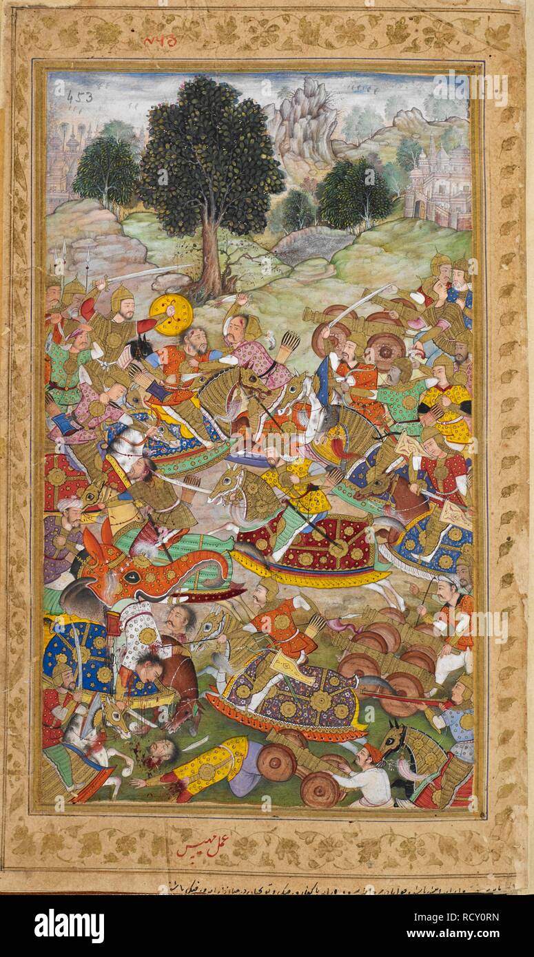 Baburâ € ™ s Armee im Kampf gegen die Armee von Rana Sanga an Kanvaha (Kanusa), in der (denen) bombardiert und Kanonen verwendet wurden (1527). Vaki' an - ich Baburi, die Memoiren von Babur, aus dem Turki original von Mirza 'Abd al-Rahim Khan khanan übersetzt - Ich. Hundert und vierzig - drei Miniaturen (meist mit Zuschreibungen). c 1590. Opak Aquarell. Mughal Stil; Mughal/Akbar Stil. Quelle: Oder. 3714, 453. Stockfoto