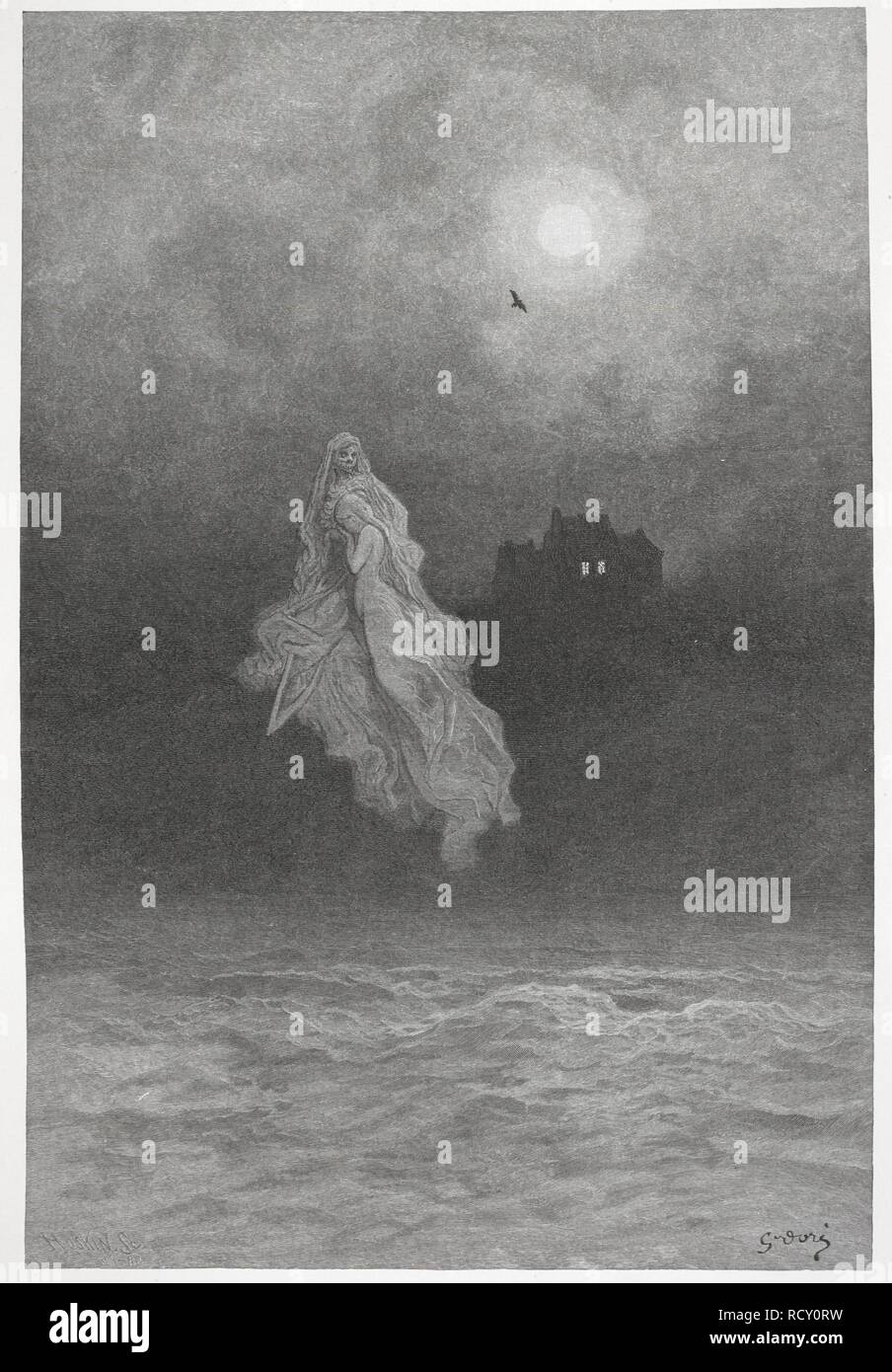 Abbildung: Zahlen, die in der Luft schweben, über dem Meer. Der Rabe. London: Sampson Niedrig & Co., 1883. Quelle: 1870b3 Platte 23. Thema: Poe, Edgar Allan. Dore, G. Stockfoto