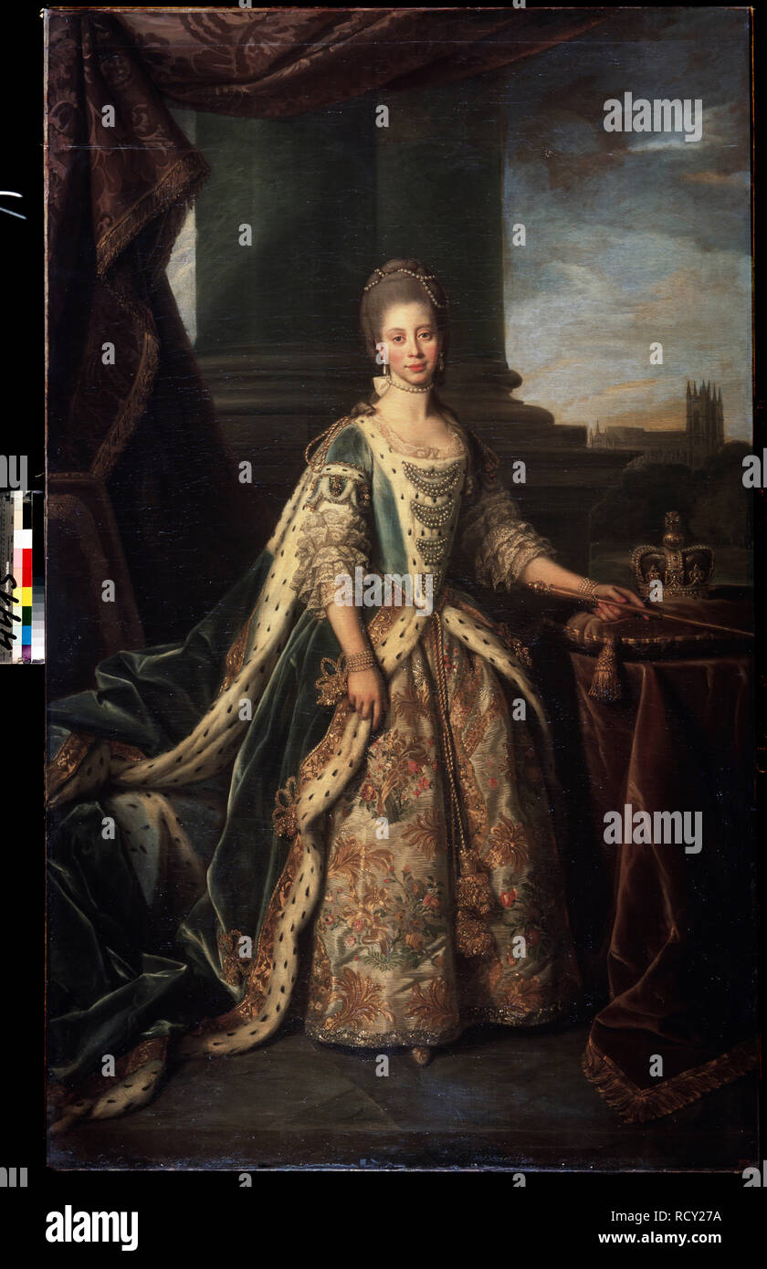 Portrait von Charlotte von Mecklenburg-Strelitz (1744-1818), Ehefrau von König George III von England. Museum: Staatliche Eremitage, St. Petersburg. Thema: Tanz, Sir Nathaniel. Stockfoto