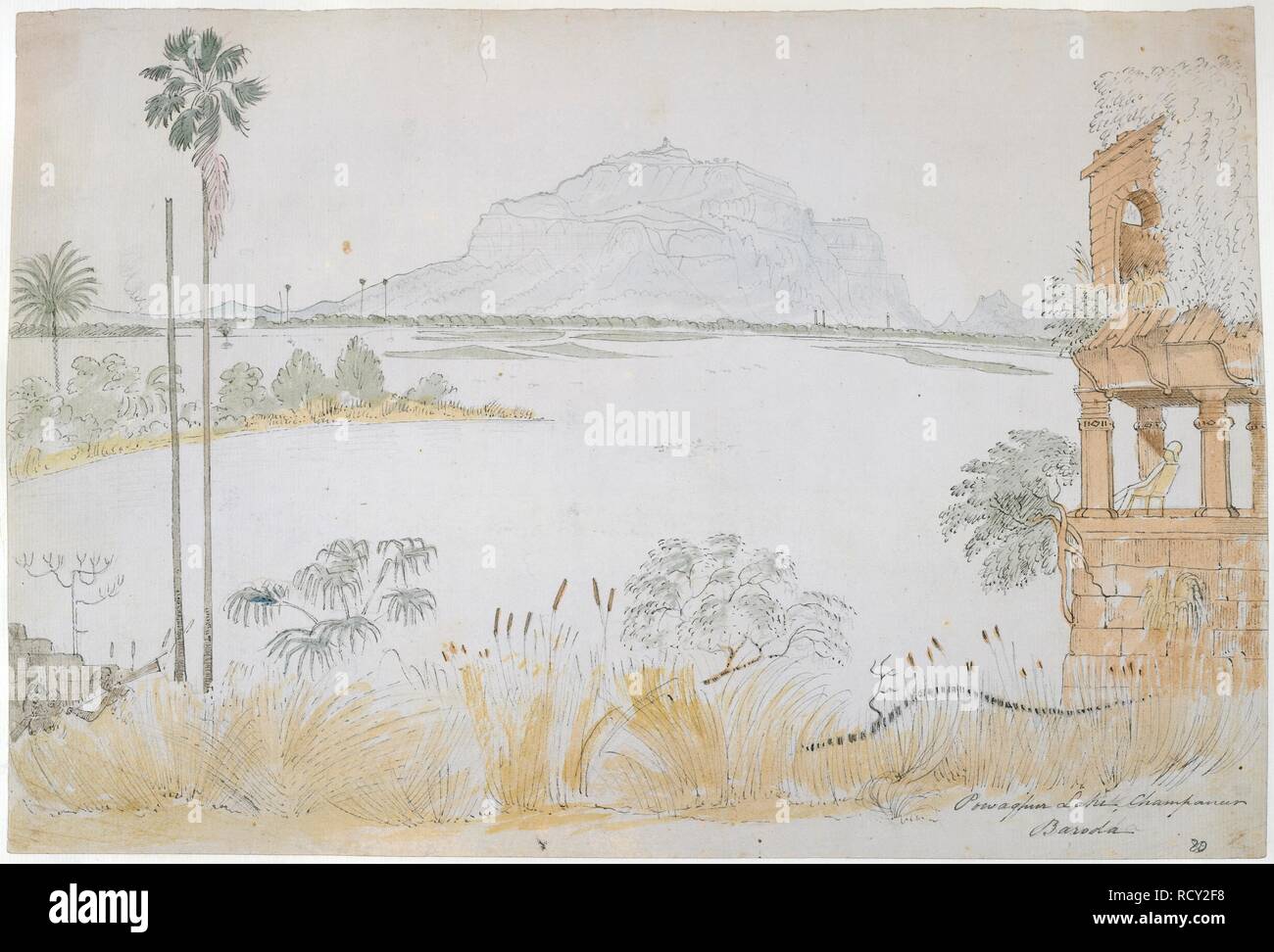 Powaghur See. Album von 414 Zeichnungen und Schrotten, und 9 Drucke. 1822-1856. Powaghur See, Champaneer, Baroda.' Bleistift, Feder und Tinte und Aquarell. British School. Bild aus dem Album von 414 Zeichnungen und Schrotte und 9 Drucke von Landschaften, Architektur, Natur und Menschen, einschließlich der indischen Kostüme und Uniformen. In W. Indien und dem Deccan, 1822-56, und während einer Reise auf dem Landweg nach England, 1840. Ursprünglich veröffentlichte/1822-1856. Quelle: WD1478, 80. Autor: Bellasis, John brownrigg. Stockfoto