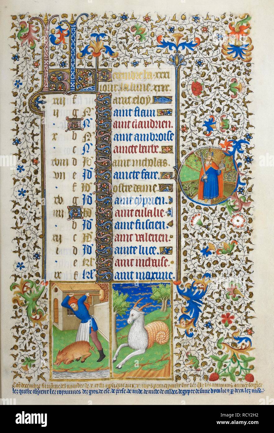 Kalenderblatt für Dezember. Dekoriert Grenzen. Unten, Schwein - Tötung, der Steinbock. Bedford Stunden. Paris; 1414-1423. Quelle: Hinzufügen. 18850, f 12. Sprache: Latein und Französisch. Thema: Workshop der Master des Herzogs von Bedford. Stockfoto