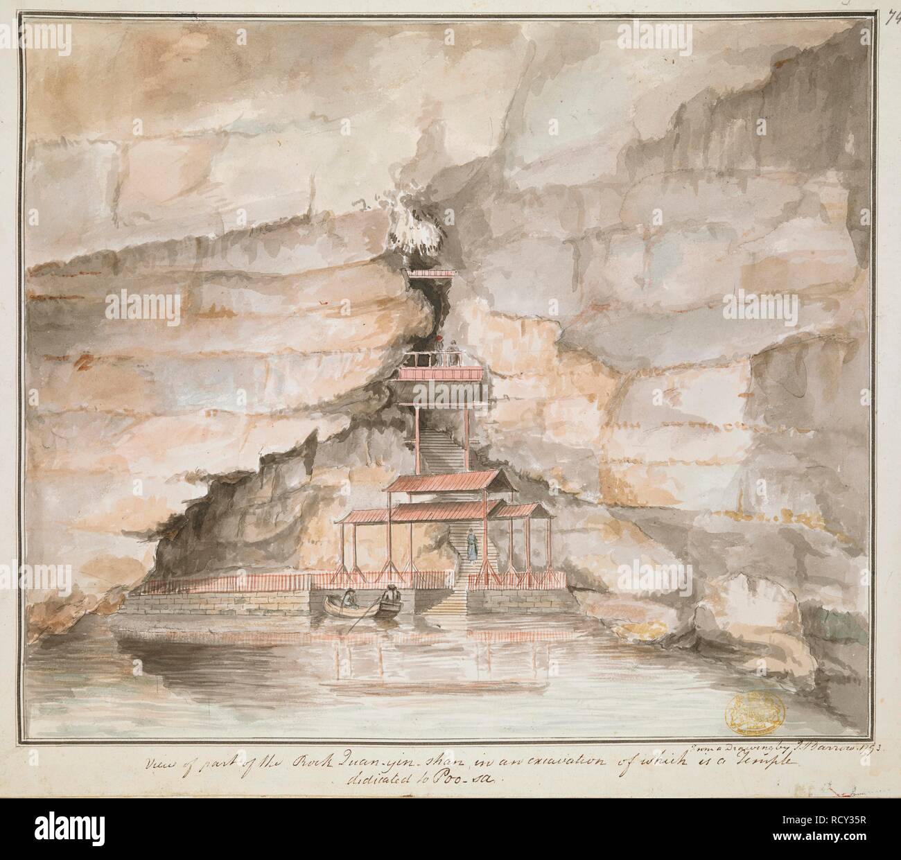 Blick auf einen Teil der Rock Quan Yin-Shan: In einer Baugrube ist ein Tempel für Poo gewidmet - sa. Aus einer Zeichnung von J. Barrow. . Eine Sammlung von 80 Ansichten, Karten, Porträts und Zeichnungen zur Veranschaulichung der Botschaft geschickt zu China unter George, Earl von Macartney, 1793; hauptsächlich gezeichnet von William Alexander, einige von Sir John Barrow, Bart., einige von Sir Henry Woodbine Pfarrei, und ein von William Gomm. Viele von ihnen sind in Sir George Staunton's Erzählung von der Botschaft, im Jahr 1797 veröffentlichten eingraviert. 1793. 1 Zeichnung: bwatercolor; Blatt 30,3 x 34,7 cm. Quelle: Karten 8. Tab. C.8 Nr. 89. c. Stockfoto