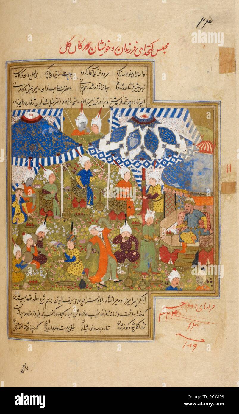 Timur unterhaltsam. Zafarnama. 1533. Timur unterhaltsam seine Söhne und seine Brüder an Kallkal. Eine Miniaturmalerei vom sechzehnten Jahrhundert Manuskript der Zafarnama. Bild aus Zafarnama genommen. Ursprünglich veröffentlichte/1533 produziert. Quelle: I.O. Islamische 137, f 176 v. Sprache: Persisch. Stockfoto