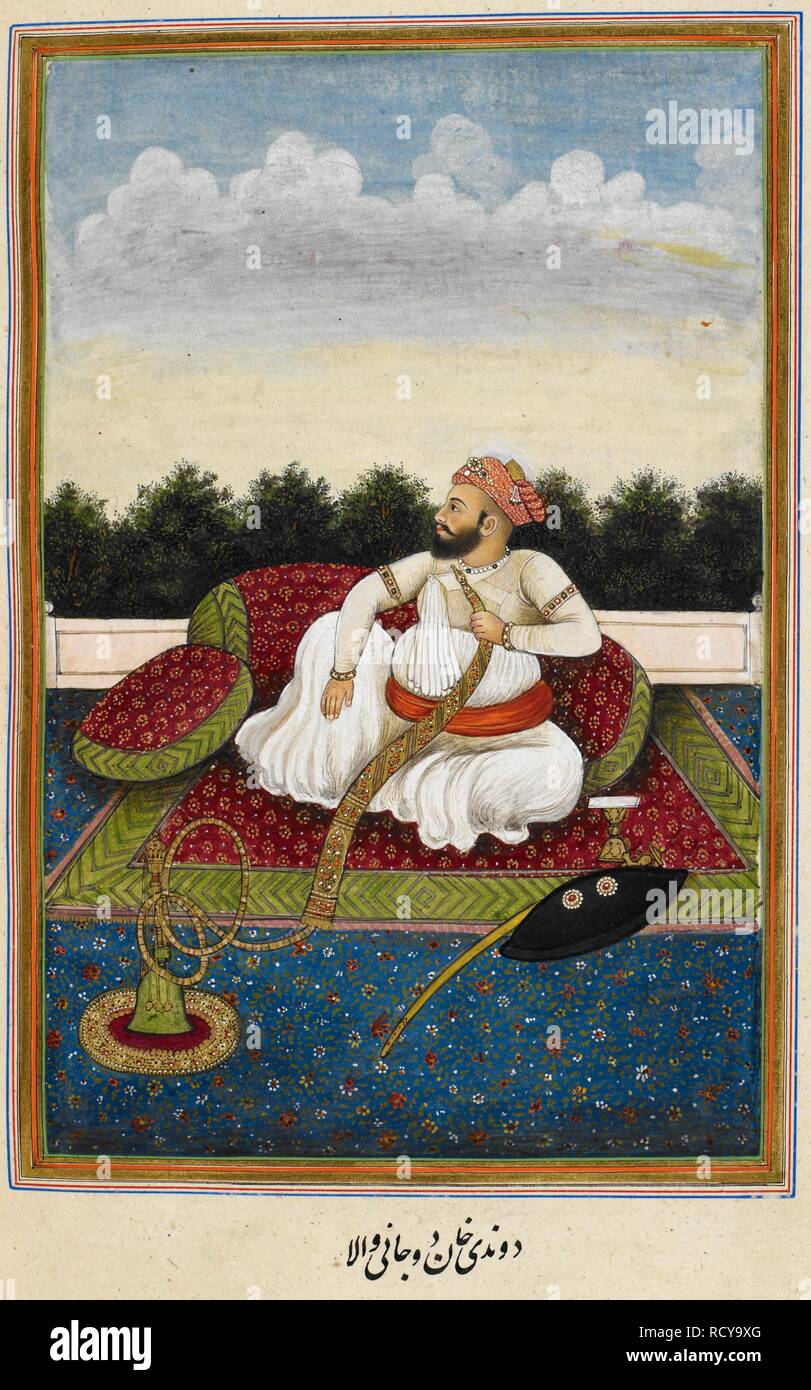 Portrait von navab Muhammad Khan der Dunde Dujana (r. 1825-1850). Tazkirat al-umara, geschrieben für Oberst James Skinner. Historische Hinweise zu einigen fürstlichen Familien von Rajasthan und der Panjab, vor allem von denen in der Nähe von Gurgaon, wo Oberst Skinner stationiert war. 38 Porträts. Indien, 1830. Quelle: Hinzufügen. 27254, f.248 v. Sprache: Persisch. Autor: Anon. Stockfoto