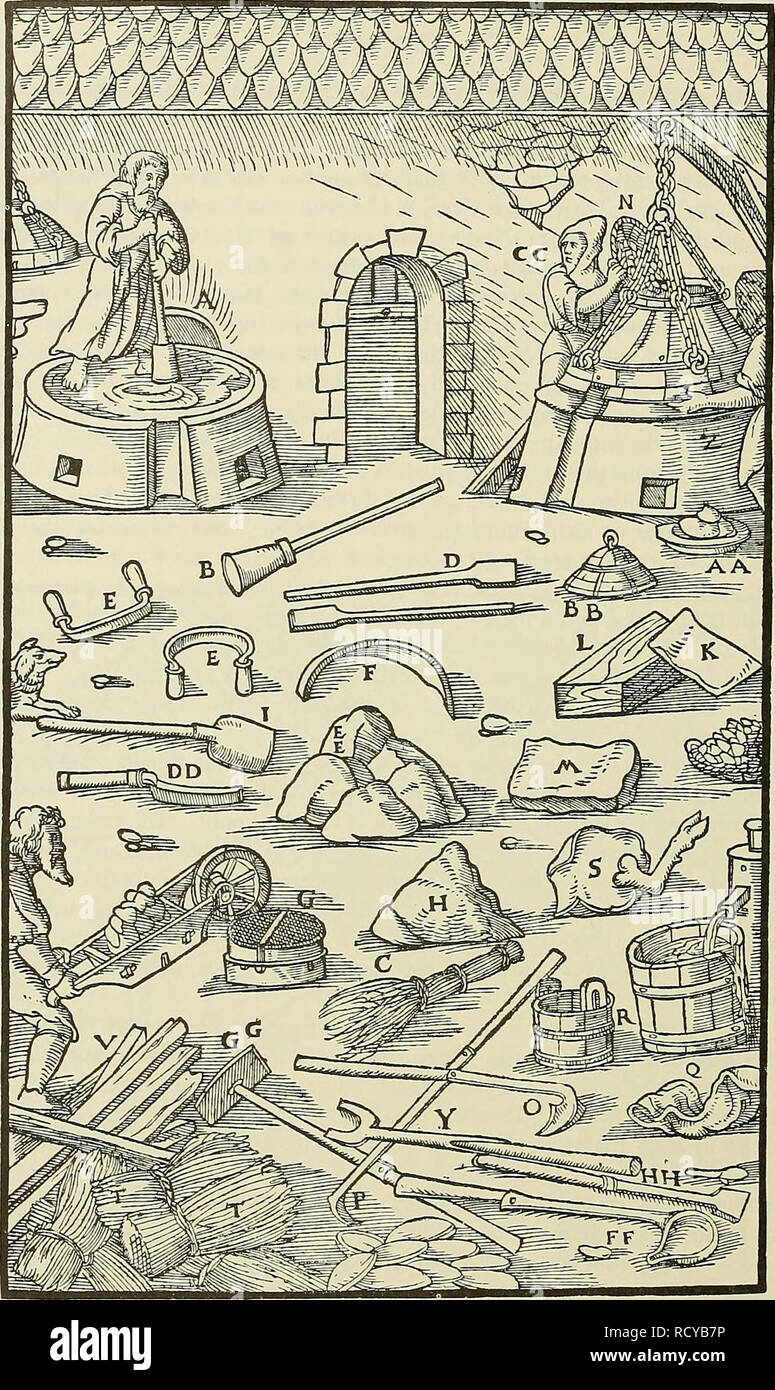 De Re Metallica Metallurgie Mineral Industries A Eine Handwerksmann Durcharbeitung Der Tiegel Mit Einem Stampfer B