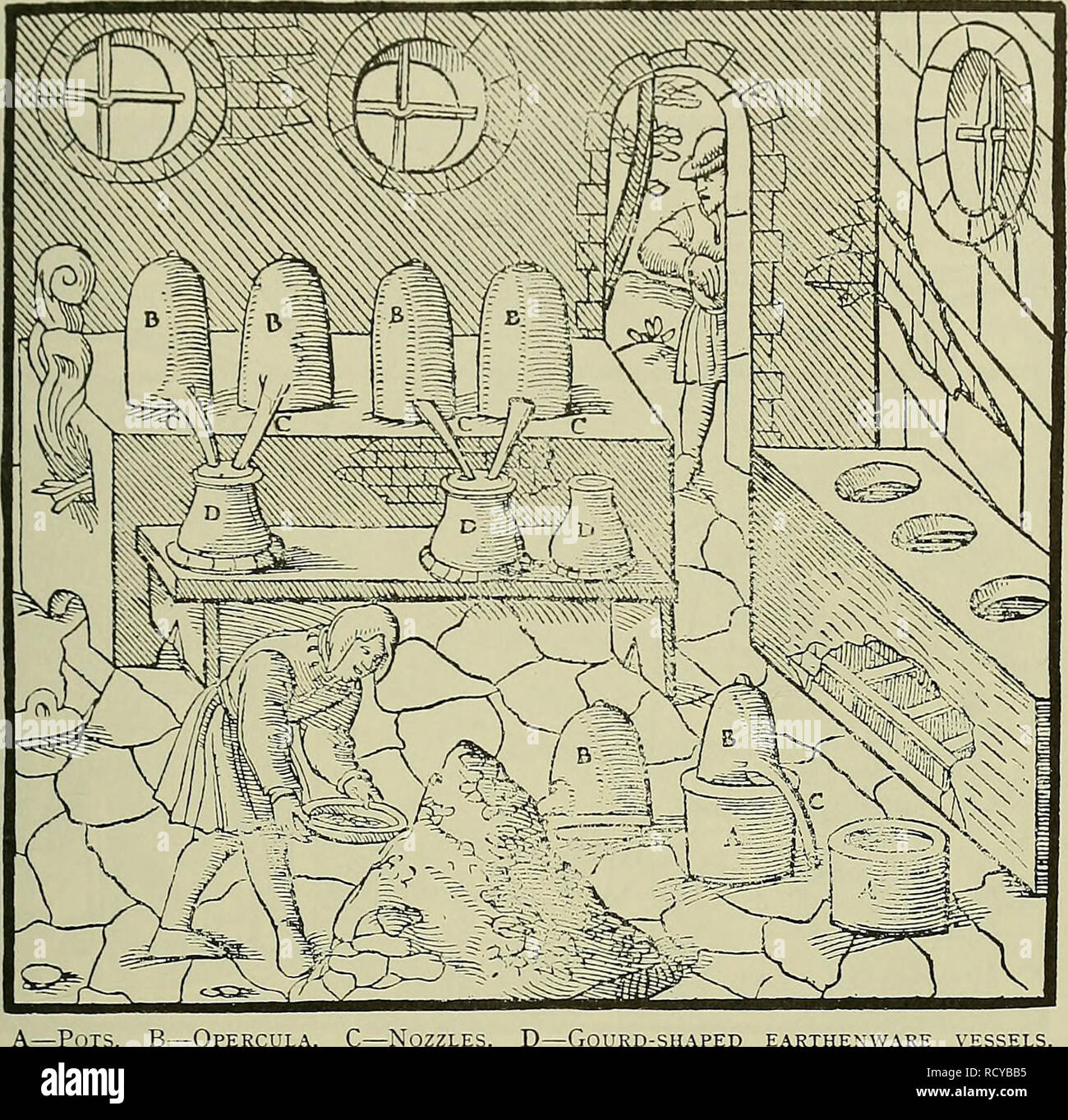. De re Metallica. Metallurgie; Mineral industries. Buch IX. 429 Andere Methoden zur Verringerung der Quicksilver werden unten gegeben. Dickbäuchige Töpfe, in die obere rechteckige offene Teil des Ofens platziert wurden, sind mit dem zerkleinertes Erz gefüllt. Jede dieser Töpfe ist mit einem Deckel mit einer langen Düse bedeckt - in der Regel ein canipaiia - in der Form einer Glocke genannt, und Sie sind zementiert. Jeder der kleinen töpferware wie ein Kürbis rccei'es zwei dieser Düsen geformt, und diese sind ebenso zementiert. Getrocknet. A-Töpfe Opercula. C-Düsen. D-Kürbis - sh.^ ped Töpferware. Holz in den platziert. Stockfoto