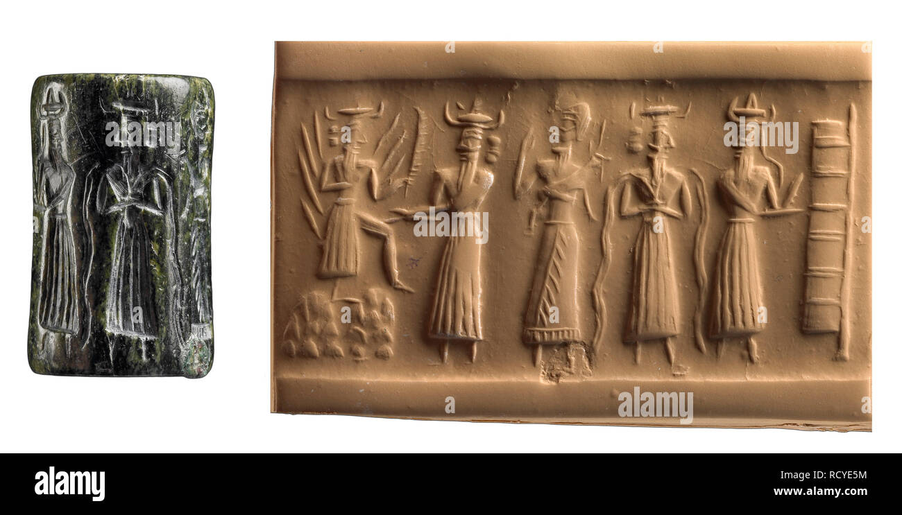 6400. Das akkadische Dichtung mit der Darstellung der Vegetation Göttin auf dem Thron von anderen Gottheiten, in Mesopotamien, Akkad, 2350-2150 v. Chr. begrüßt sitzen. Stockfoto
