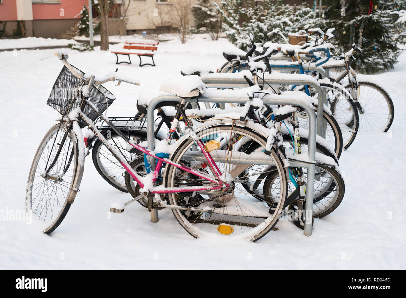 Fahrräder geparkt draußen im Schnee Stockfoto