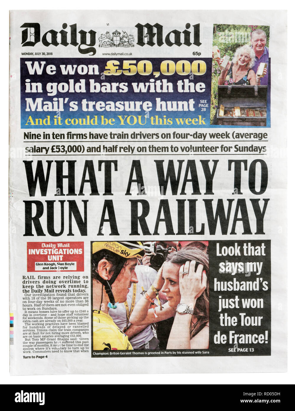 Die Titelseite der Daily Mail vom 30. Juli 2018 mit einer Kritik der britischen Bahn Stockfoto