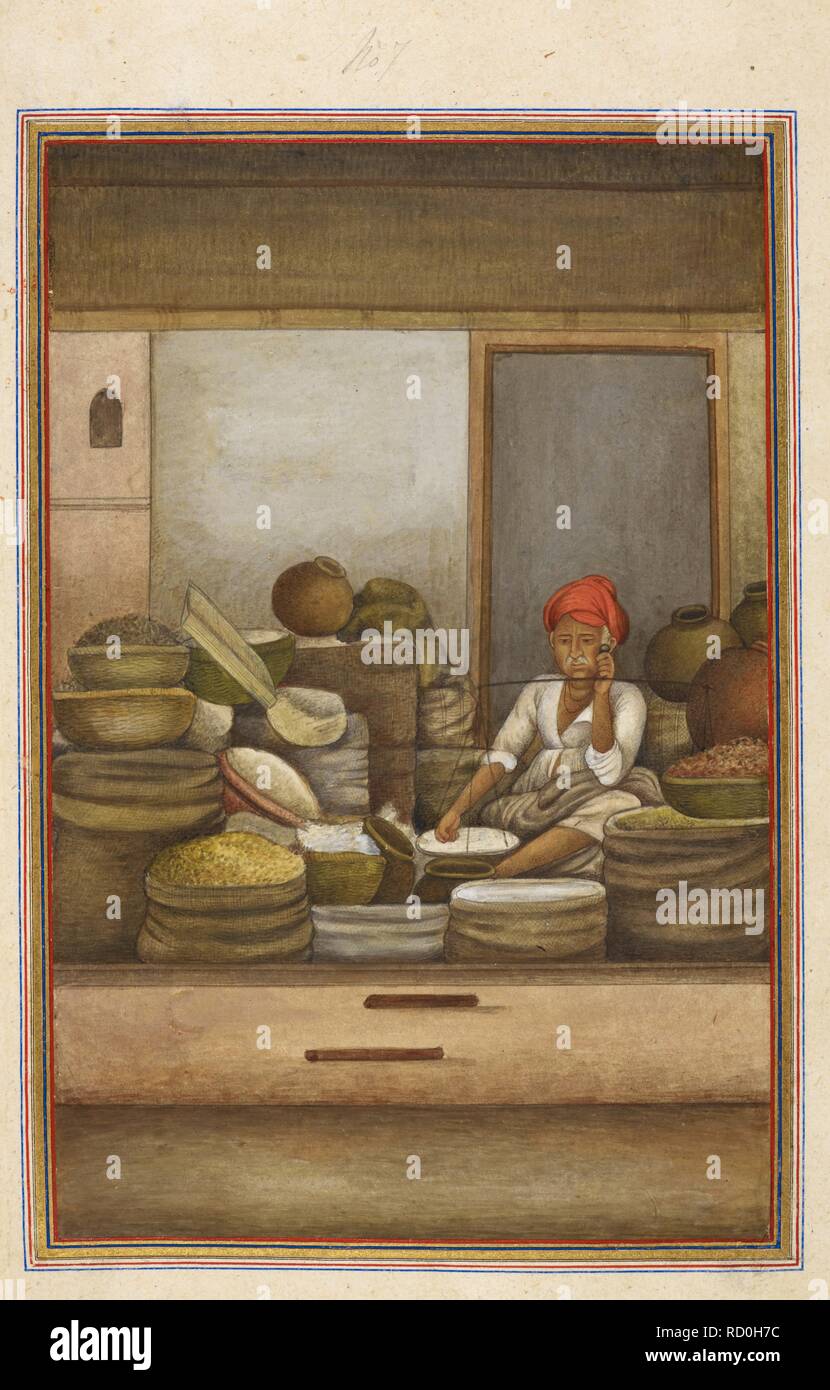 Korn Verkäufer (vaishya). Vaishya durch ein Korn Verkäufer vertreten. Tashrih al-aqvam, ein Konto von Herkunft und Berufe von einigen der Sekten, Kasten und Stämme von Indien. Bei Hansi Cantonment, Gurgaon Distrikt, 85 km nord-westlich von Delhi für Oberst James Skinner geschrieben. 1825. Quelle: Hinzufügen. 27255, f. 75V an. Sprache: Persisch. Autor: Anon. Stockfoto